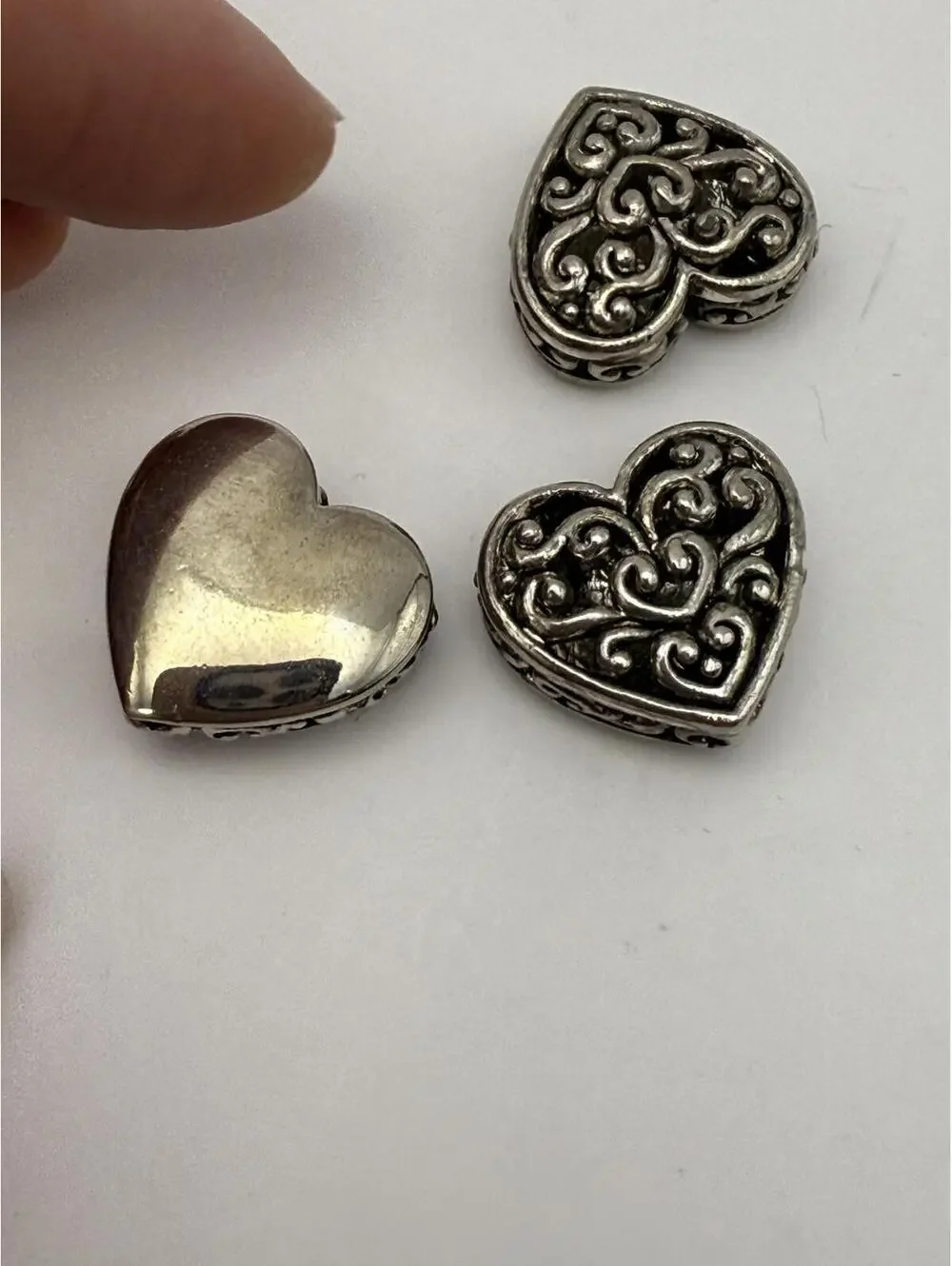 3 large Heart-Shaped Silver Beads